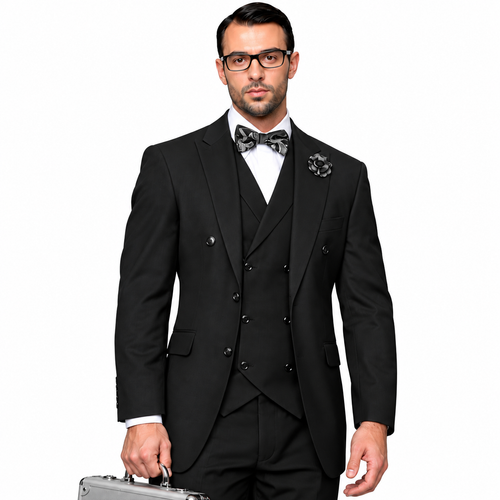 Men’s 3 Piece Classic Fit Suit with Double-Breasted Vest and Pleated Pants - Black