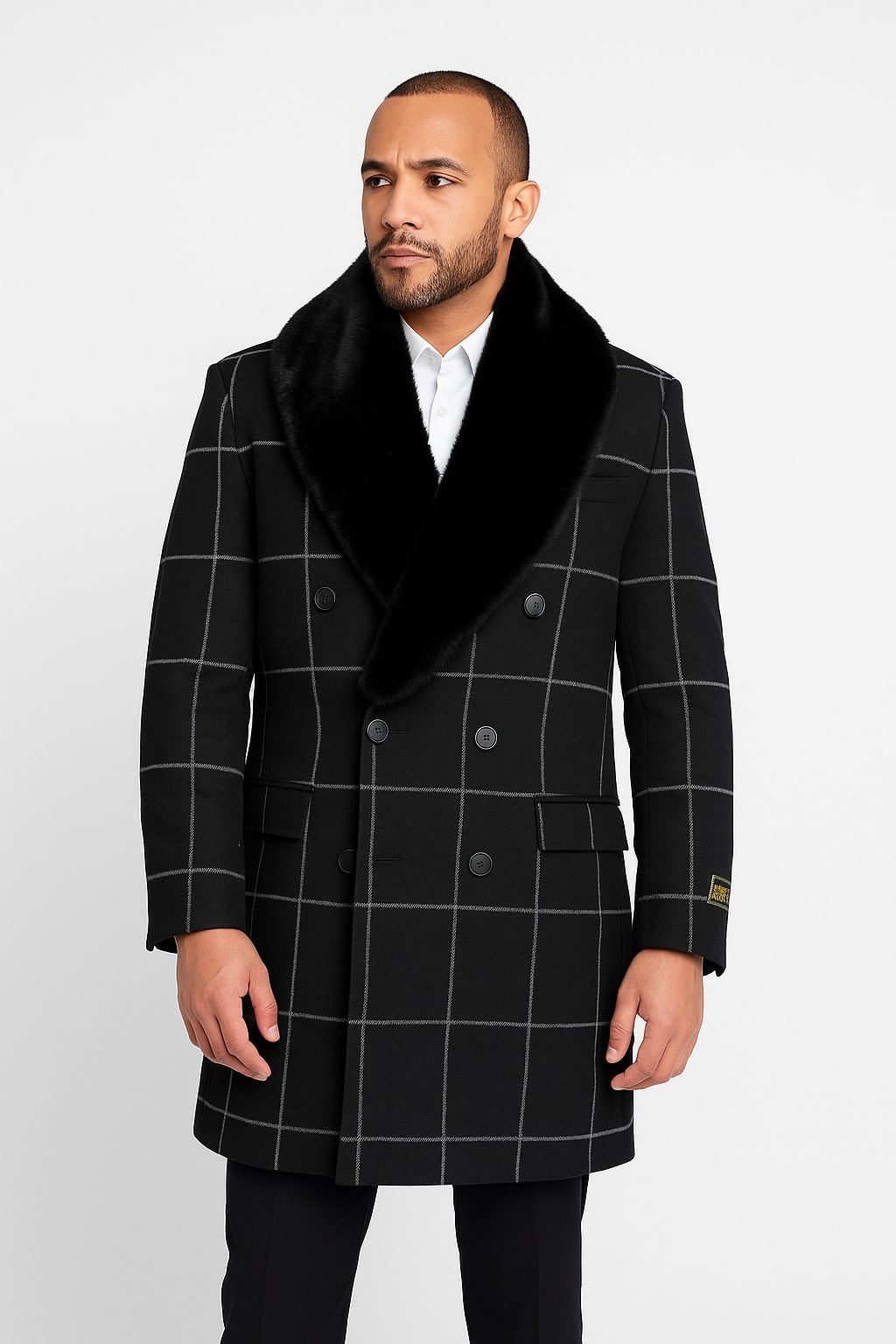 Mens Black Windowpane Wool Overcoat with Faux Fur Shawl Collar – Double-Breasted Long Coat – SuitUSA