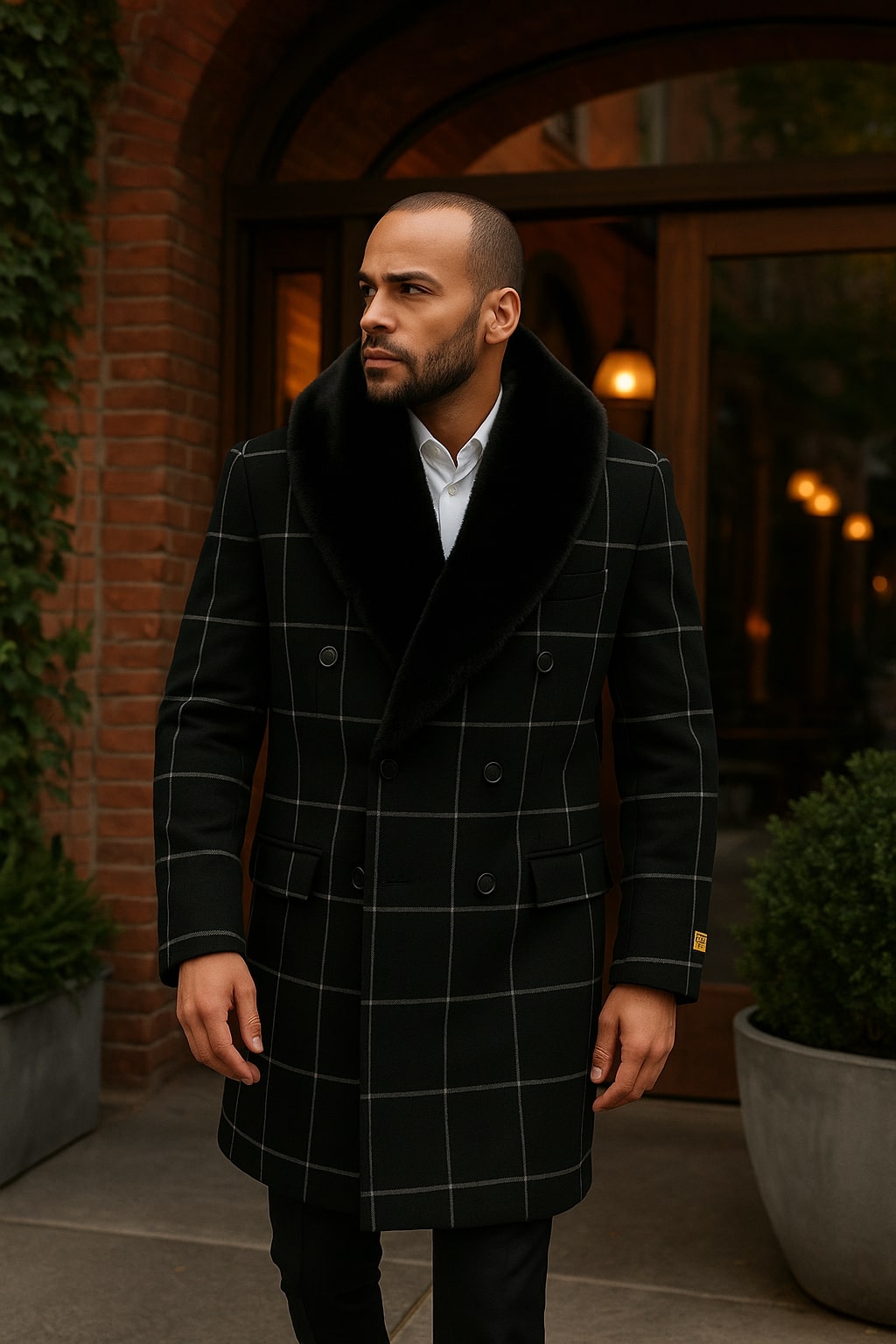 Mens Black Windowpane Wool Overcoat with Faux Fur Shawl Collar – Double-Breasted Long Coat
