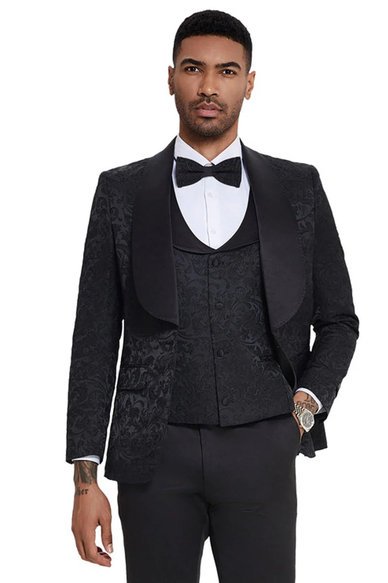 Mens Designer Wedding & Prom Shawl Lapel Vested Paisley Tuxedo in Black