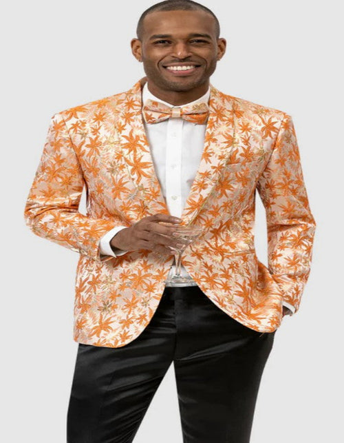 Mens One Button One Chest Pocket Shawl Lapel Shiny Paisley Prom Tuxedo Jacket in Orange