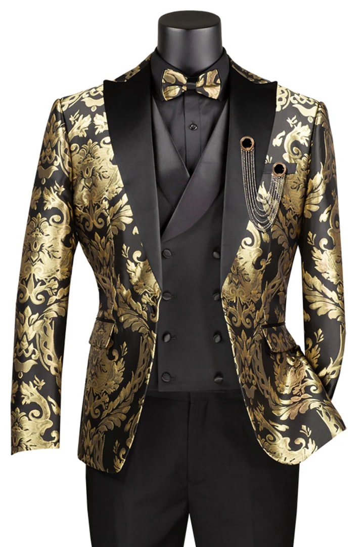 Black Prom Suit - Men's Shiny Paisley Jacquard Vested Wedding Black and Gold Prom Tuxedo