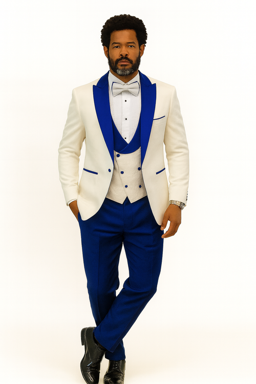 Hilton White and Royal Blue Paisley Peak Lapel Tuxedo Jacket with Matching Shawl Vest and Wool Pants - Includes Bow Tie by USA Men's Outlet