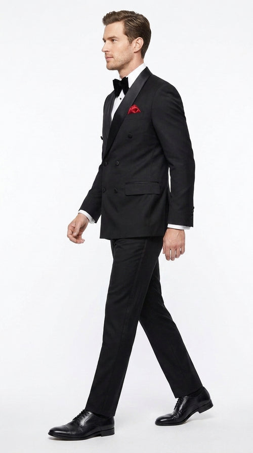 Men’s Black 6 Button Double Breasted Tuxedo, 2 Piece Formal Wedding Prom Suit