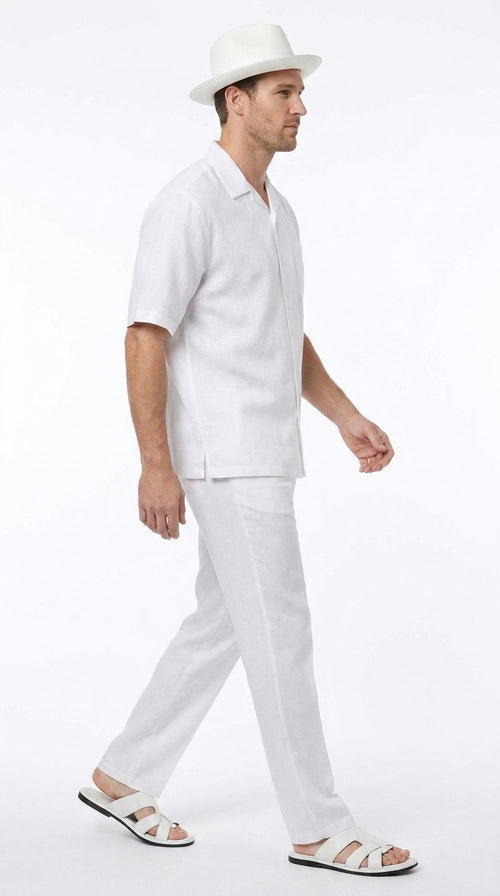 Men’s Big Size White Linen Walking Suit, Short Sleeve Shirt and Pants Casual Summer Set