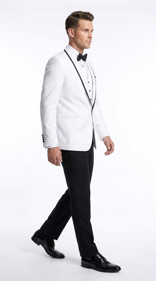 Men’s White and Black One Button Satin Trim Shawl Lapel Tuxedo for Wedding, Prom and Formal Events