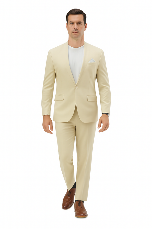 Mens Two Piece Linen Suit Relaxed Hybrid Fit No Collar