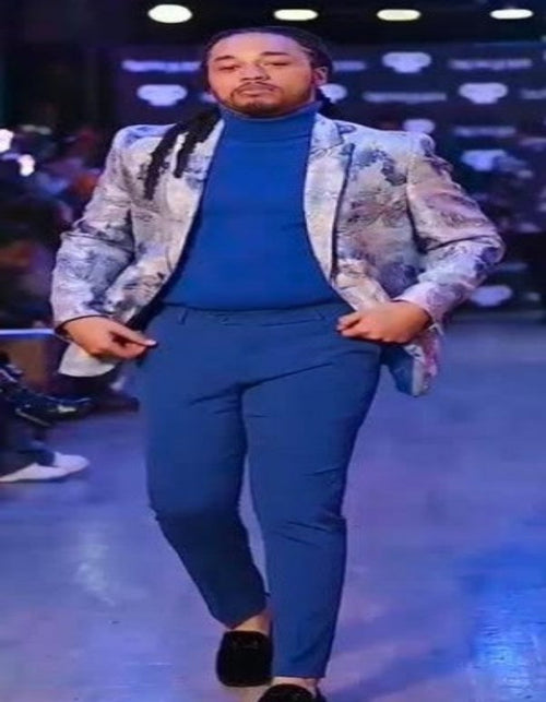 Silver Grey and Blue Paisley Tuxedo Dinner Jacket - White and Royal Floral Prom Blazer