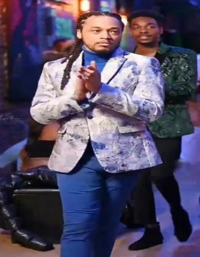 Silver Grey and Blue Paisley Tuxedo Dinner Jacket - White and Royal Floral Prom Blazer