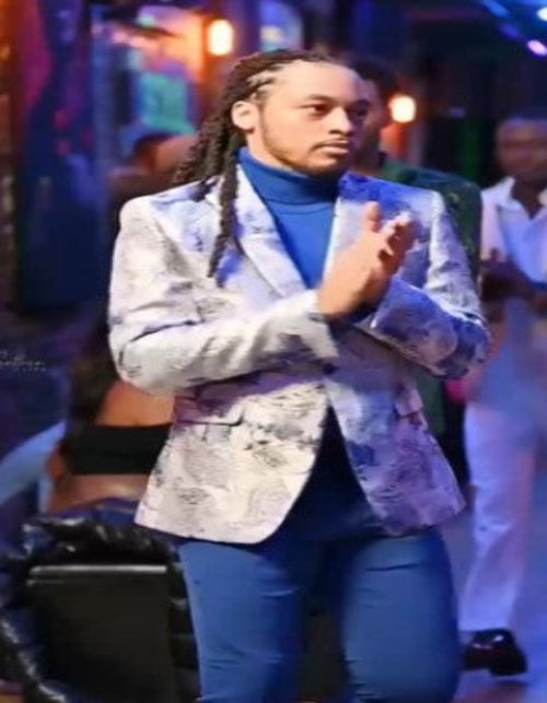 Silver Grey and Blue Paisley Tuxedo Dinner Jacket - White and Royal Floral Prom Blazer