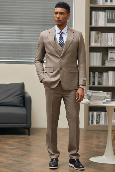 Men's Stacy Adam's Two Button Vested Sharkskin Business Suit in Dark Tan - Men's Tuxedo USA