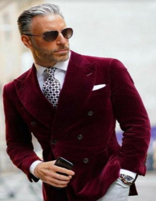Mens Double Breasted Six Button Velvet Blazer - Burgundy Blazer by Men's Tuxedo USA