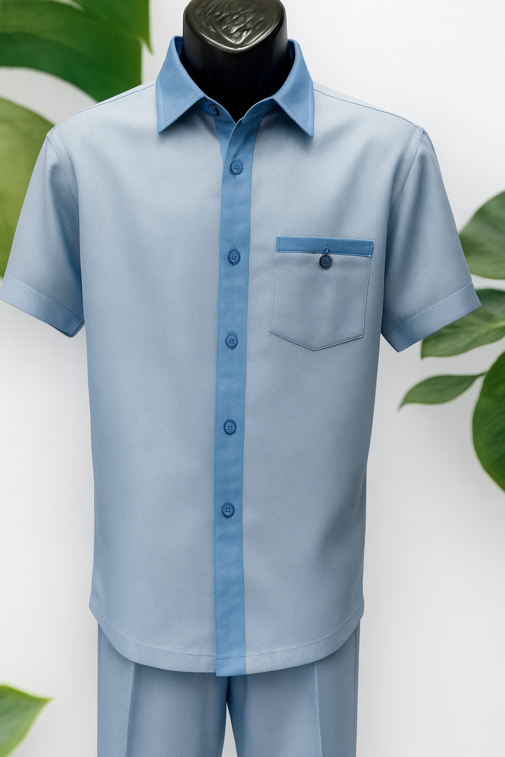 Mens Sky Blue Off White Houndstooth Short Sleeve Walking Suit USA Men's Outlet