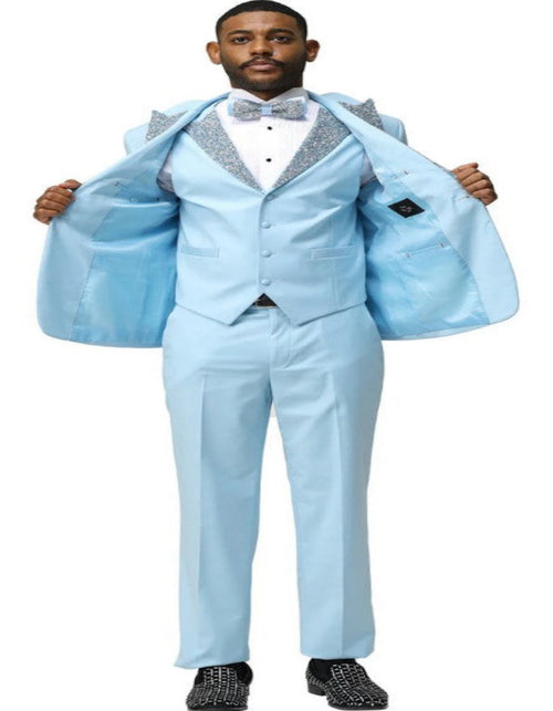 Sky Blue Prom Tuxedo - Perfect Wedding Suit Vested Rhinestone Lapelled by USA Men's Outlet