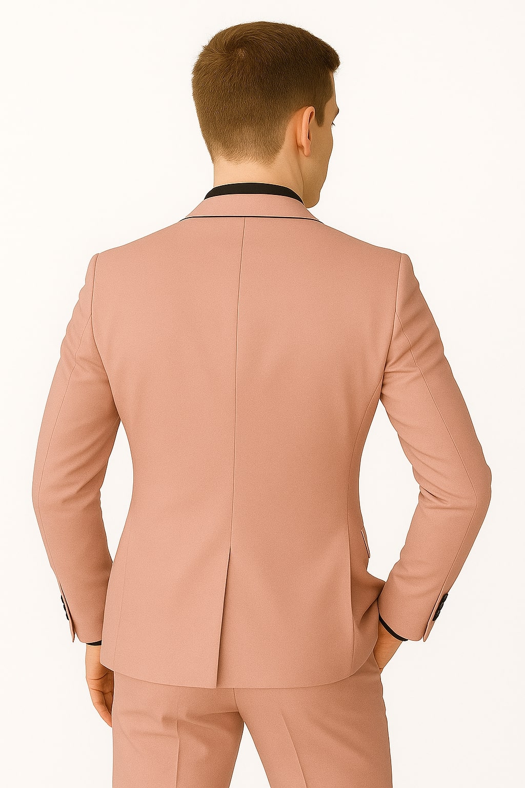 Mens Slim Fit Pink Tuxedo Suit with Black Trim – Modern Wedding and Prom Outfit in Rose Gold Blush Color