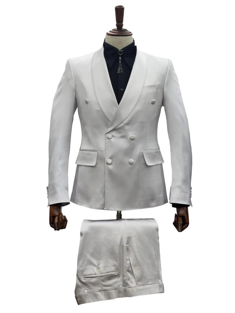 Double Breasted Tuxedo Suit - Slim fitted Suit - White Suit - Shawl Collar - Men's Tuxedo USA