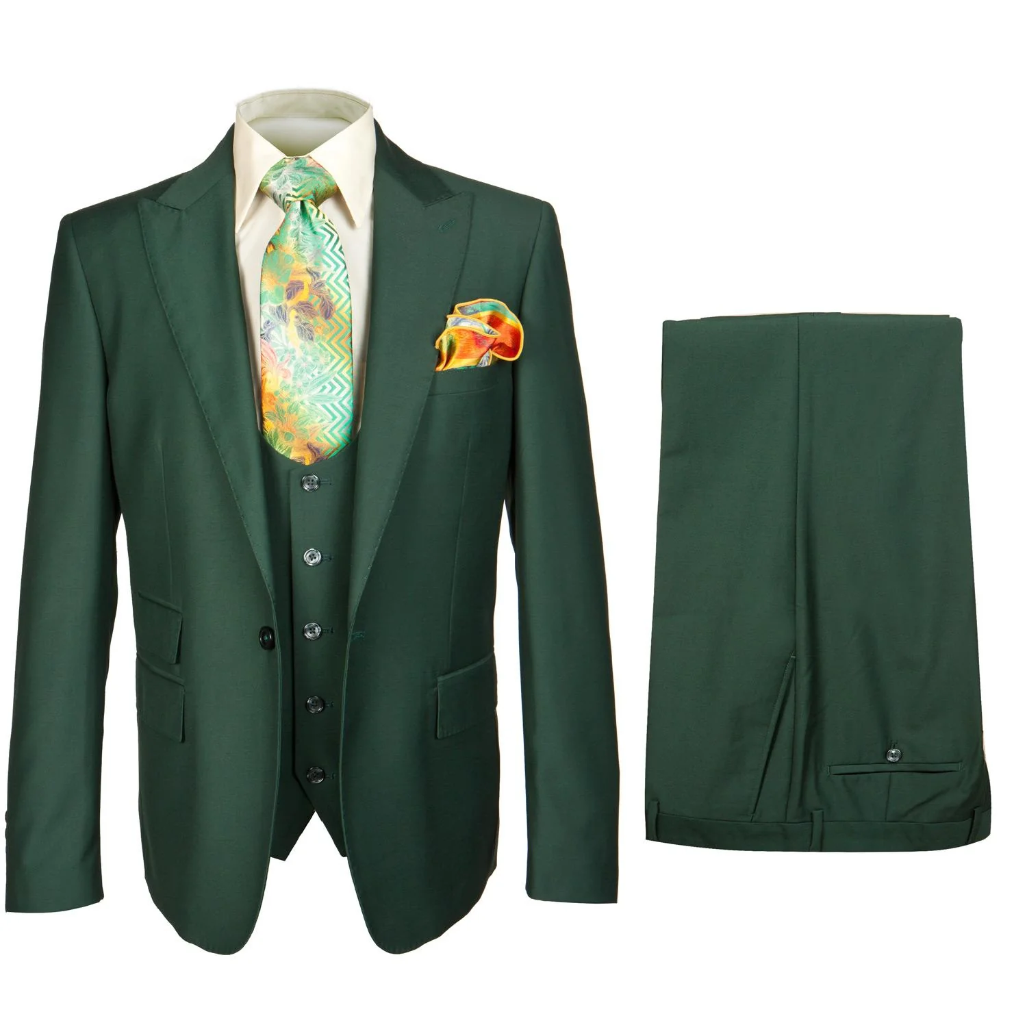 Rossi Man Hunter Green Mens Slim-fit Suit Vested Flat Front Pants – SuitUSA