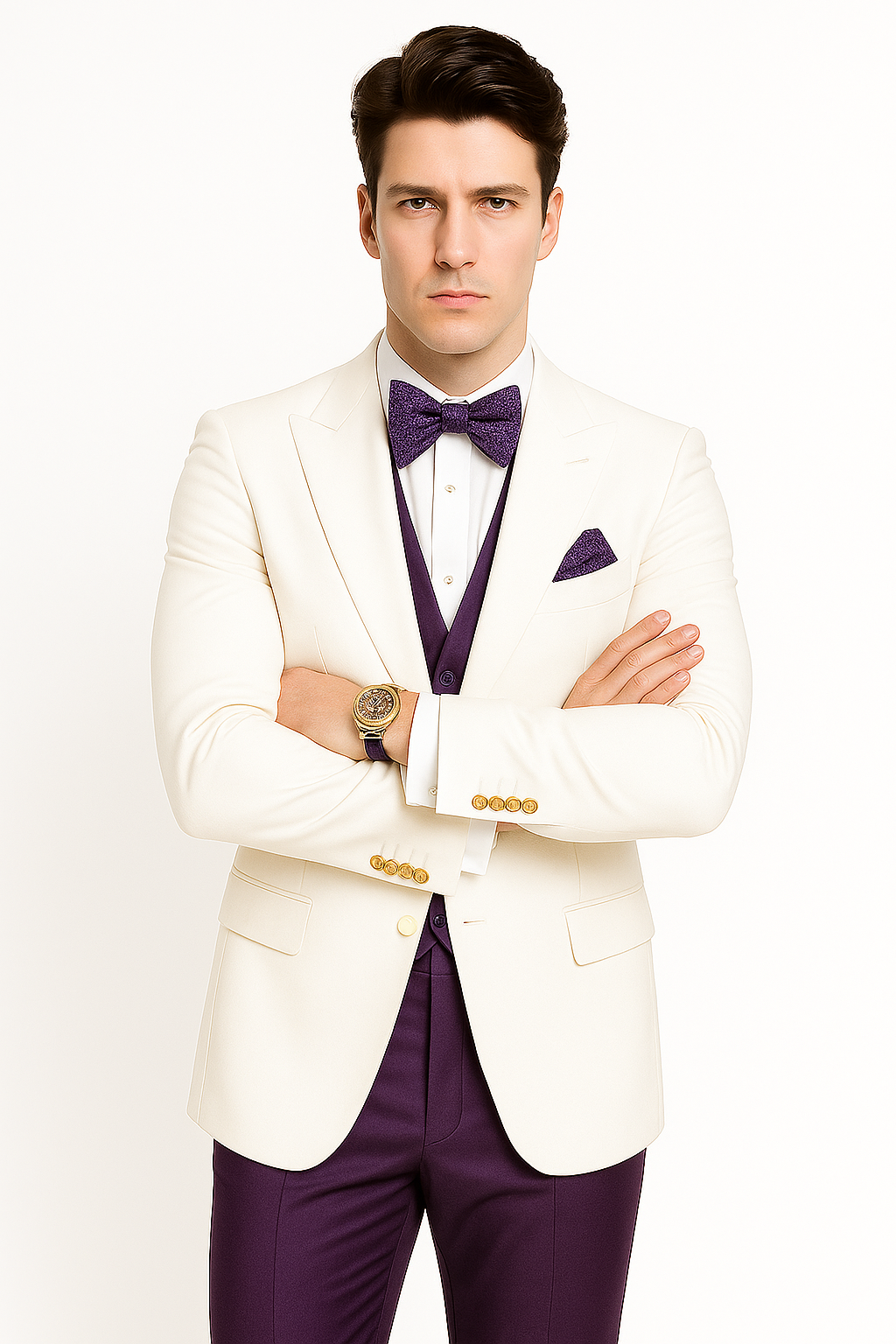 White and Purple Tuxedo Wedding Suit - White Dinner Jacket + Vest + Pants + Bow-tie