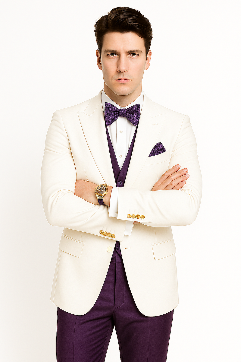 White and Purple Tuxedo Wedding Suit - White Dinner Jacket + Vest + Pants + Bow-tie