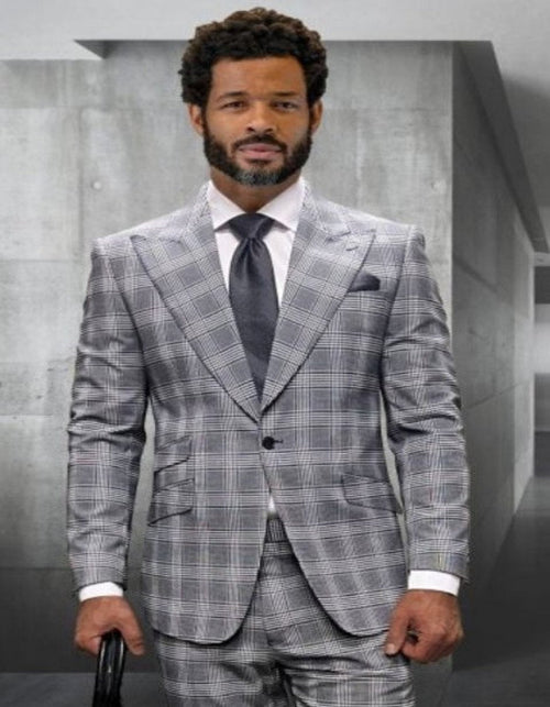 Statement Suits - Wool Suits - Peak Lapel Suits - Ticket Pocket - Modern Fit - Grey Plaid Suit by Men's Tuxedo USA