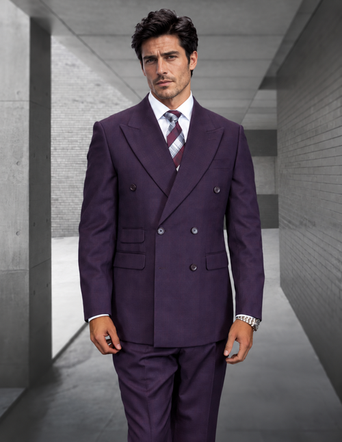 Statement Men's Double Breasted Plaid Purple Eggplant Designer Suit Imperial