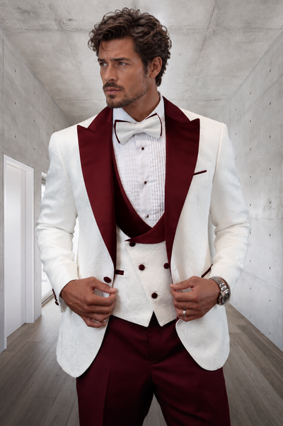 Statement Men's White with Burgundy Peak Lapels Tuxedo with Bow Tie