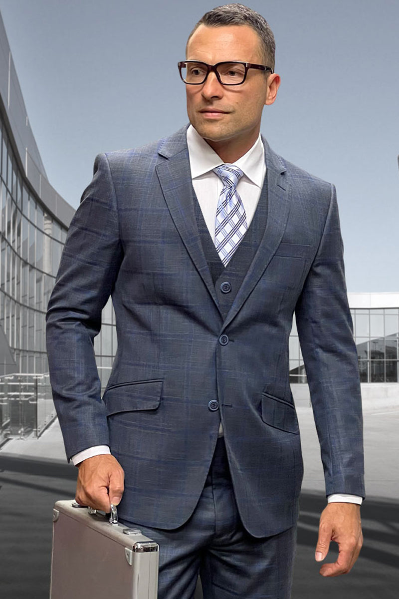 Men's Designer Two Button Vested Wool Windowpane Suit in Charcoal Grey – SuitUSA
