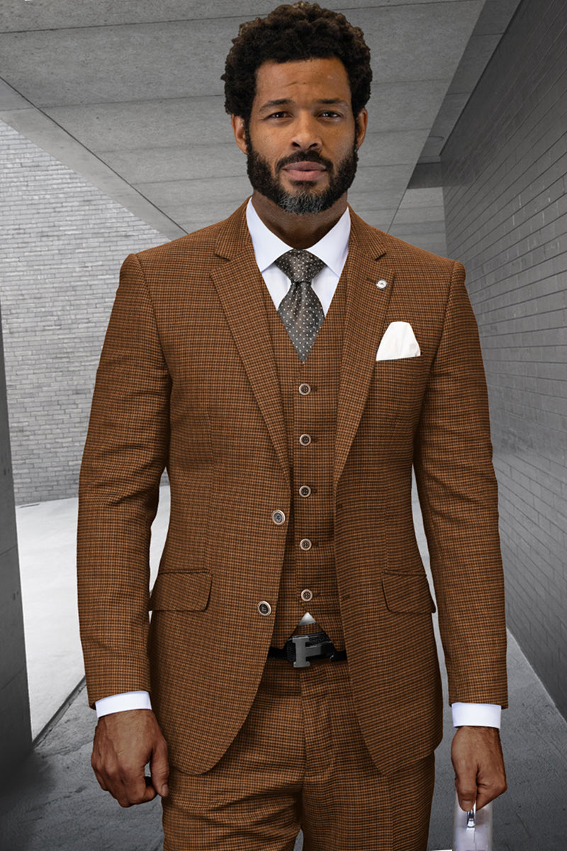 Men's Two Button Modern Fit Designer Vested Wool Suit in Copper Micro Plaid – SuitUSA