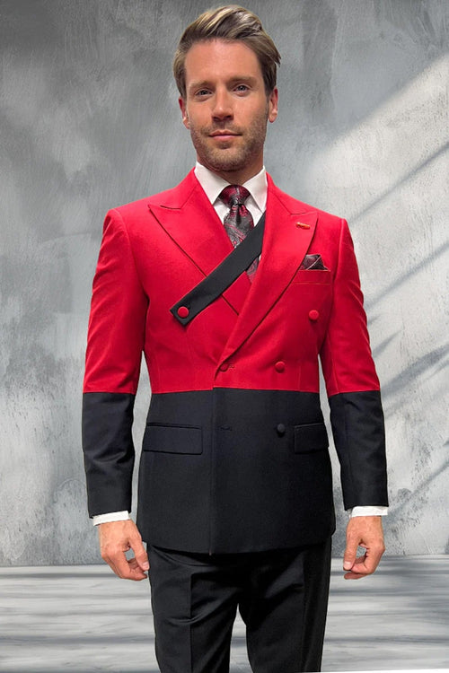 Mens Designer Double Breasted Suit - Wool Two Tone Black and Red Style USA Men's Outlet