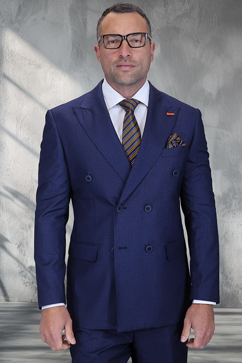 Men's Designer Double Breasted Wool Suit in indigo Blue Micro Plaid – SuitUSA