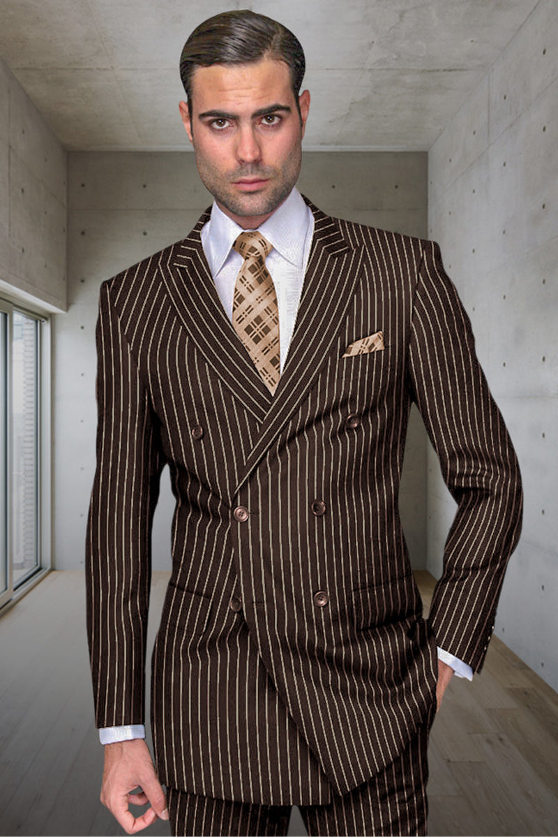 Men's Designer Double Breasted Wool Suit in Bold Brown Gangster Pinstripe. – SuitUSA