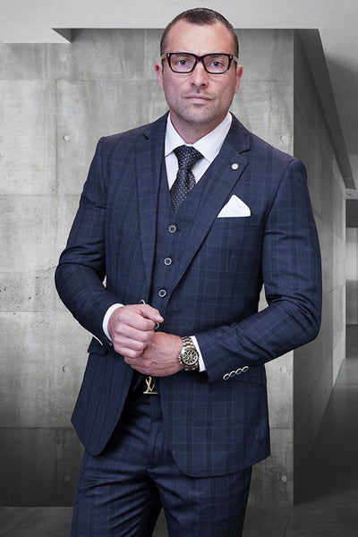 Men's Designer Modern Fit Vested Wool Suit in Charcoal Grey Glen Plaid