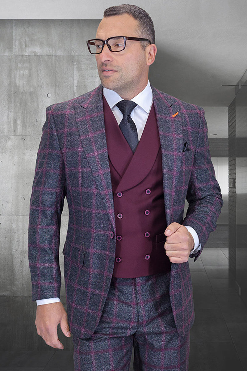 Men's Designer One Button Vested Wool Peak Lapel Suit in Black & Burgundy Windowpane Plaid – SuitUSA