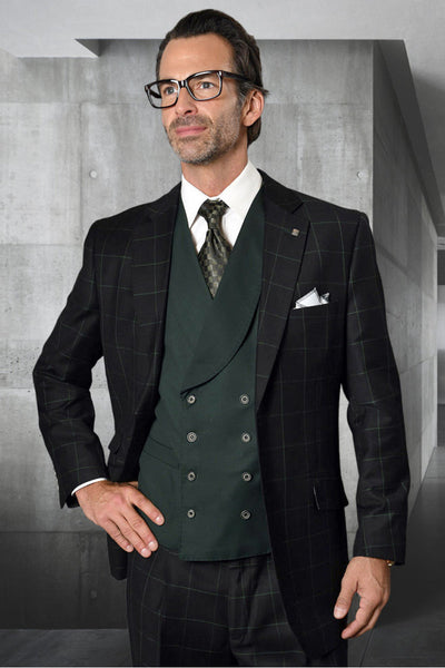 Men's Designer Two Button Vested Wool & Cashmere Suit in Black & Hunter Green Windowpane Plaid