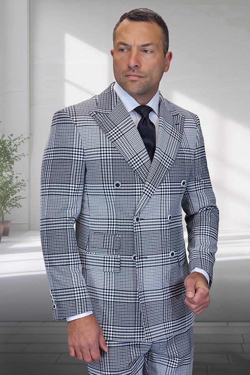 Men's Designer Wool Double Breasted Suit in Natural Grey Houndstooth Glen Plaid by Statement