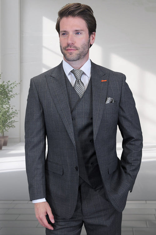 Men's Designer Vested One Button Peak Lapel Wool Suit in Charcoal Windowpane Plaid by Statementin