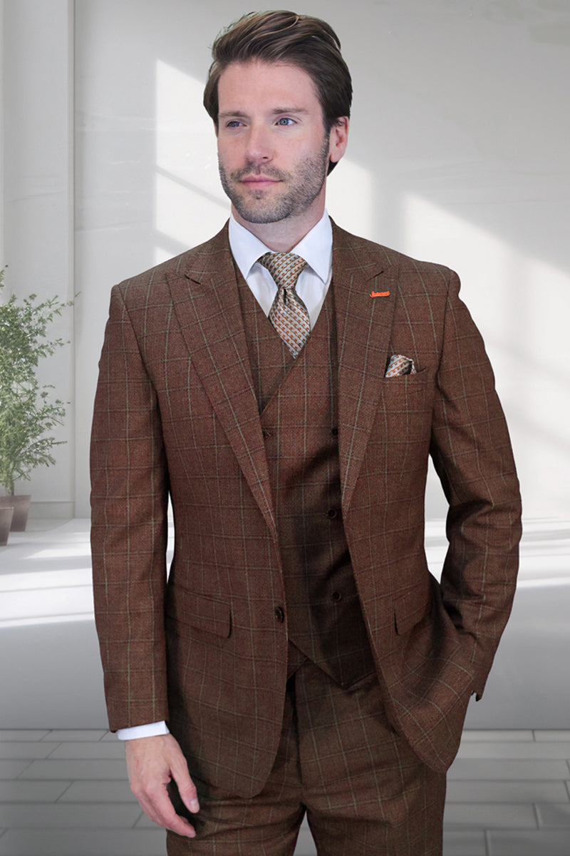 Men's Designer Vested One Button Peak Lapel Wool Suit in Copper Windowpane Plaid – SuitUSA