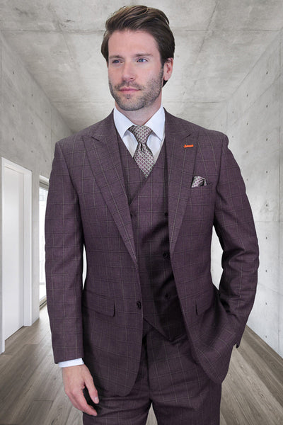 Men's Designer Vested One Button Peak Lapel Wool Suit in Eggplant Windowpane Plaid
