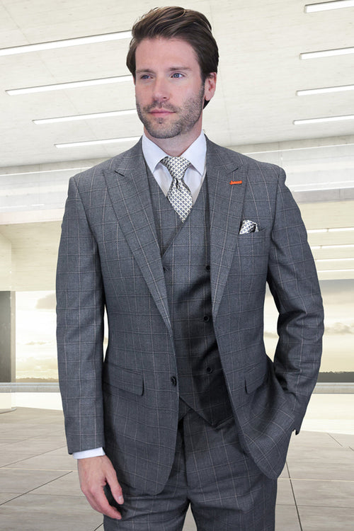Men's Designer Vested One Button Peak Lapel Wool Suit in Grey Windowpane Plaid by SuitUSA