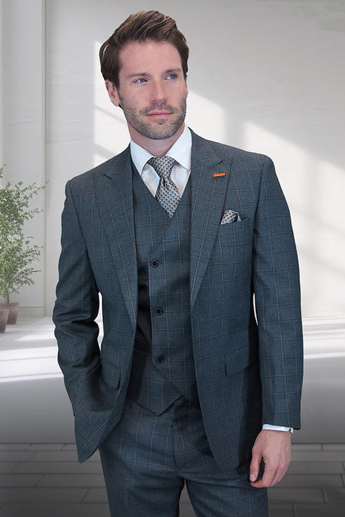 Men's Designer Vested One Button Peak Lapel Wool Suit in Olive Windowpane Plaid by Statement