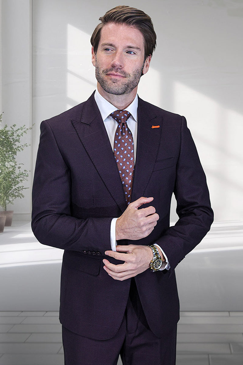 Men's Designer Two Button Peak Lapel Wool Suit in Eggplant Purple Windowpane Plaid – SuitUSA