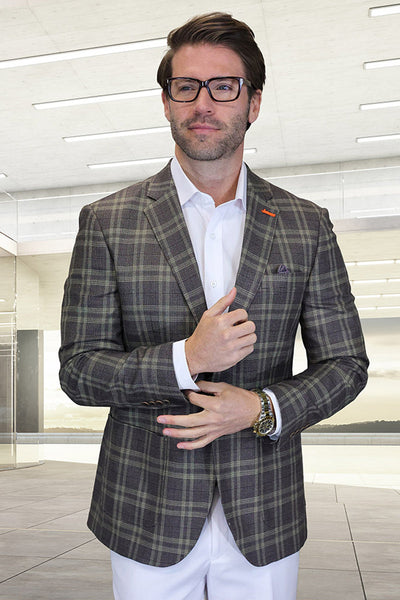 Men's Modern Fit Patch Pocket Designer Wool Summer Blazer in Brown Windowpane Plaid