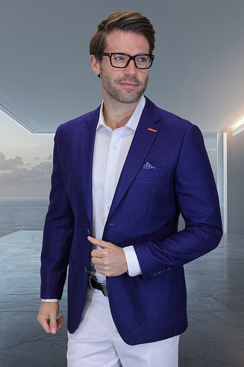Men's Modern Fit Patch Pocket Designer Wool Summer Blazer in Sapphire Blue Windowpane Plaid by Statement