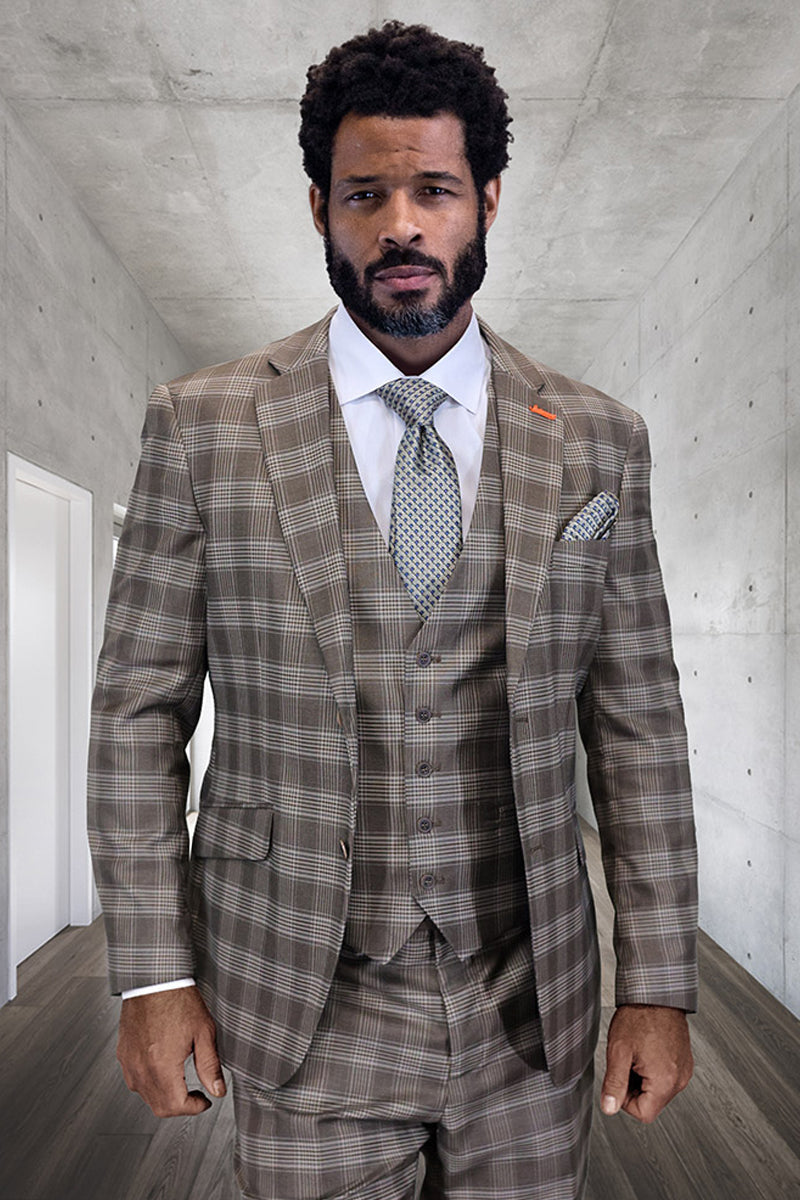 Men's Designer Two Button Modern Fit Vested Wool Suit in Chocolate Brown Plaid by Statement