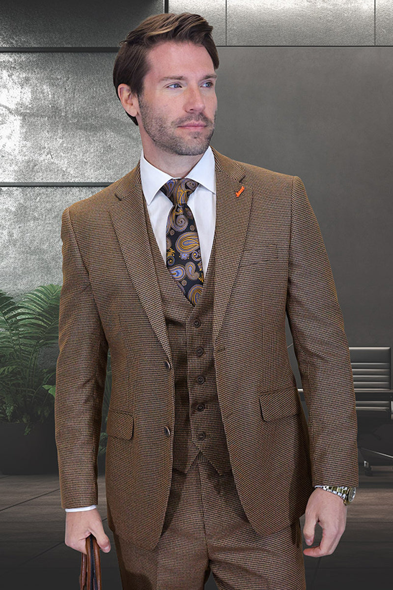 Men's Designer Vested Vintage Style Micro Plaid Wool Suit in Copper Brown – SuitUSA