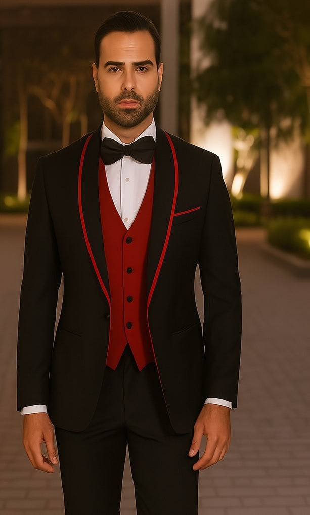 Statement Men's Black with Red Lapel Vested 100% Wool Tuxedo by menstuxedousain