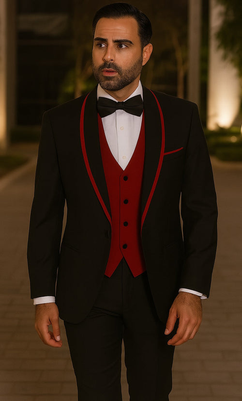 Statement Men's Black with Red Lapel Vested 100% Wool Tuxedo by menstuxedousain