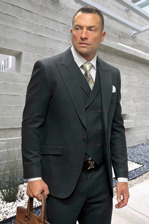 Men's Designer Wool Peak Lapel Suit in Hunter Green Windowpane