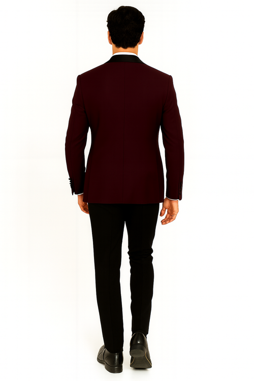 Prom Tuxedo - Wedding Suit - Groom Suit MEN'S BURGUNDY WITH BLACK LAPEL VESTED 100% WOOL TUXEDO