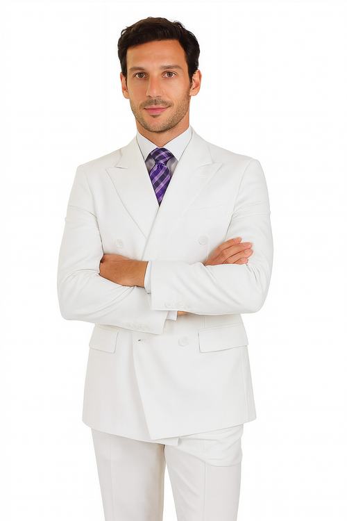Mens Classic Double Breasted Poplin White Suit